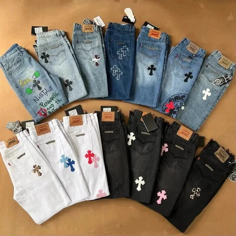 Custom Cross Design Denim Pants for Men and Women