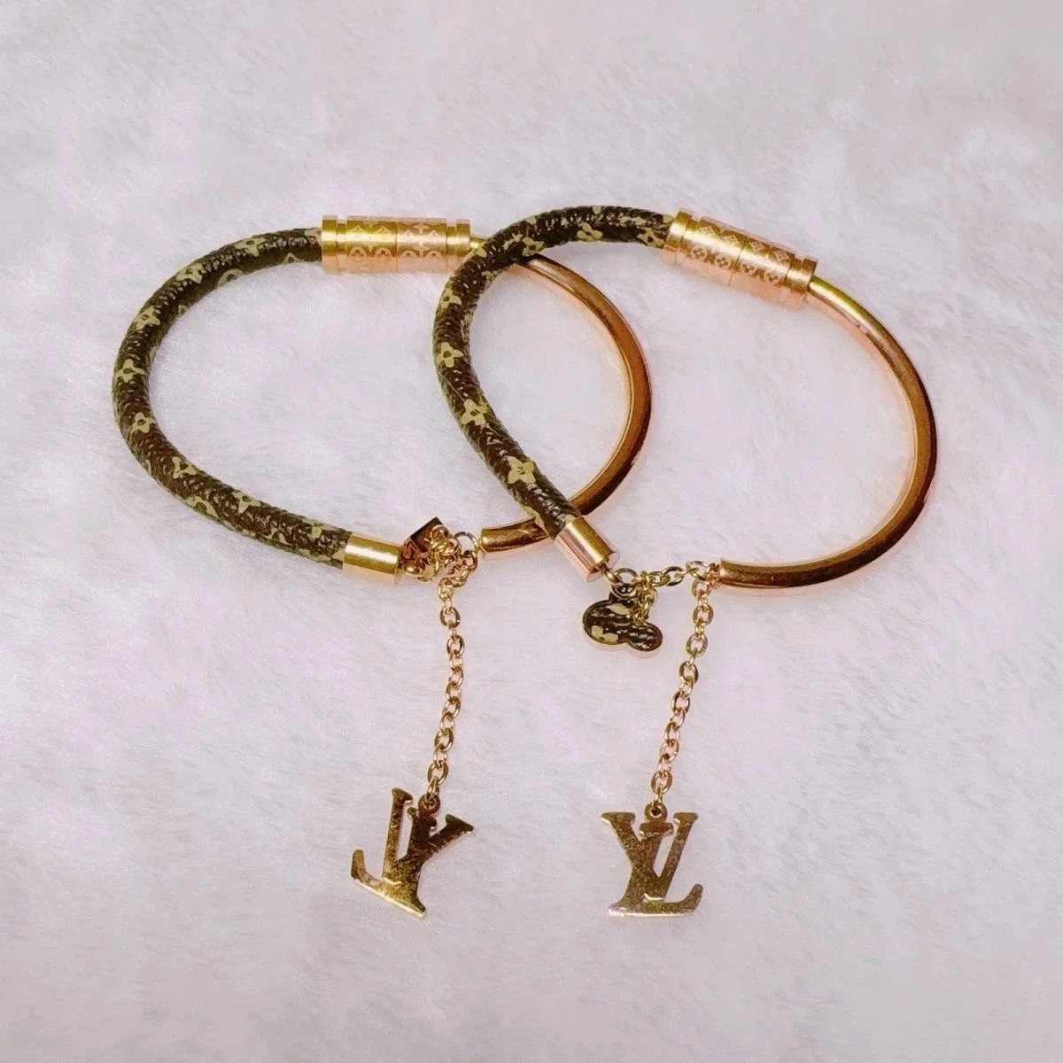Louis Vuitton Monogram Bracelets with LV Charm Gold Tone