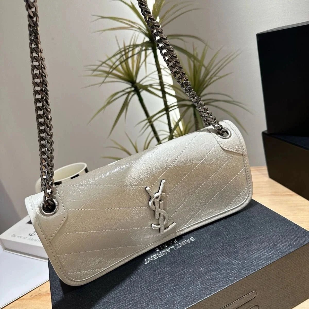 Saint Laurent White Quilted Leather Crossbody Bag with Chain Strap