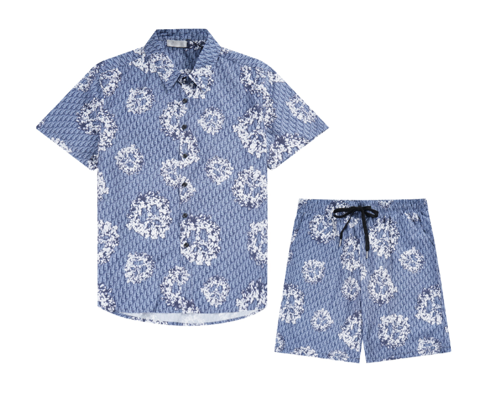 Men's Blue Floral Print Short Sleeve Shirt and Shorts Set