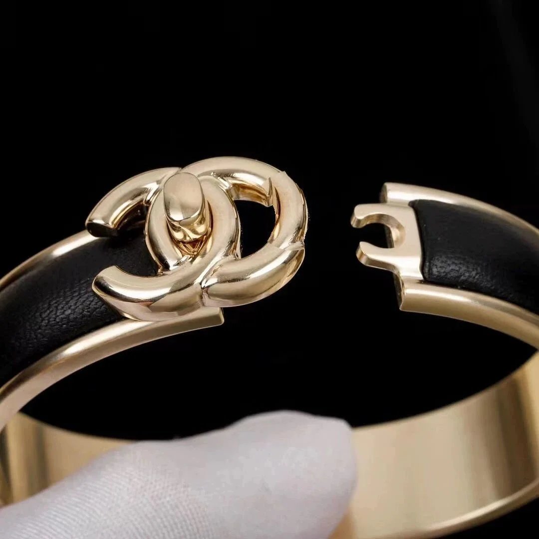 Chanel Gold Tone Leather Cuff Bracelet with CC Logo