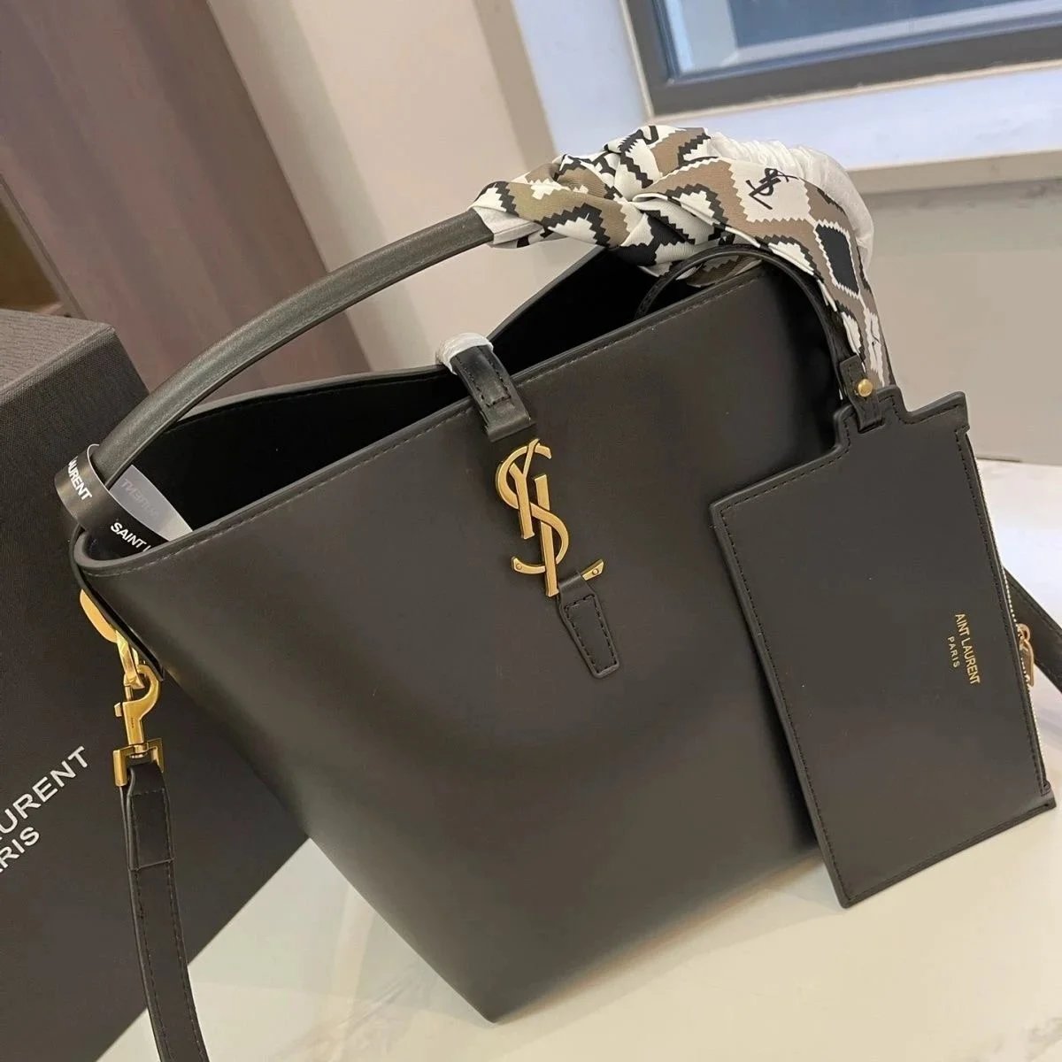 Saint Laurent Black Leather Tote Bag with Gold Logo