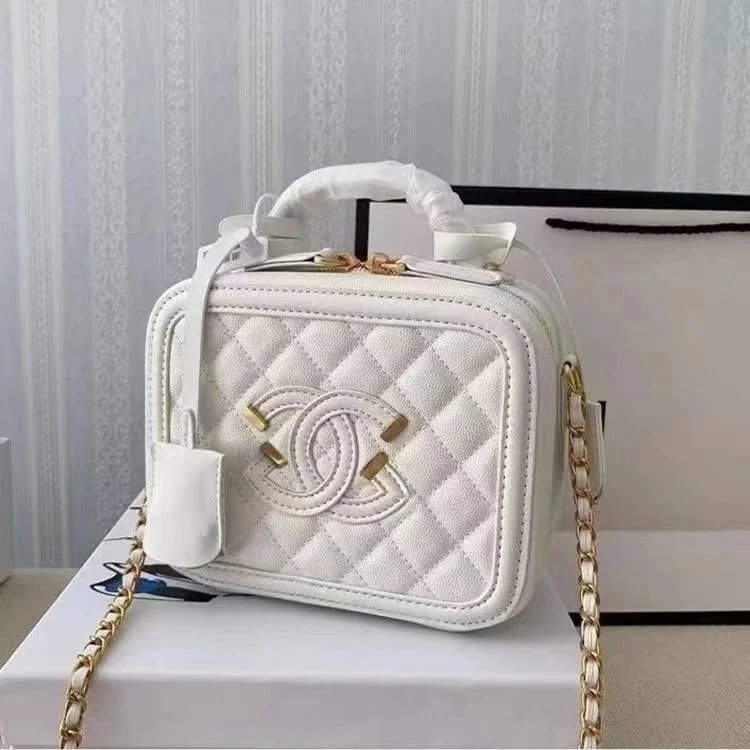 White Quilted Chanel Style Crossbody Bag with Gold Chain