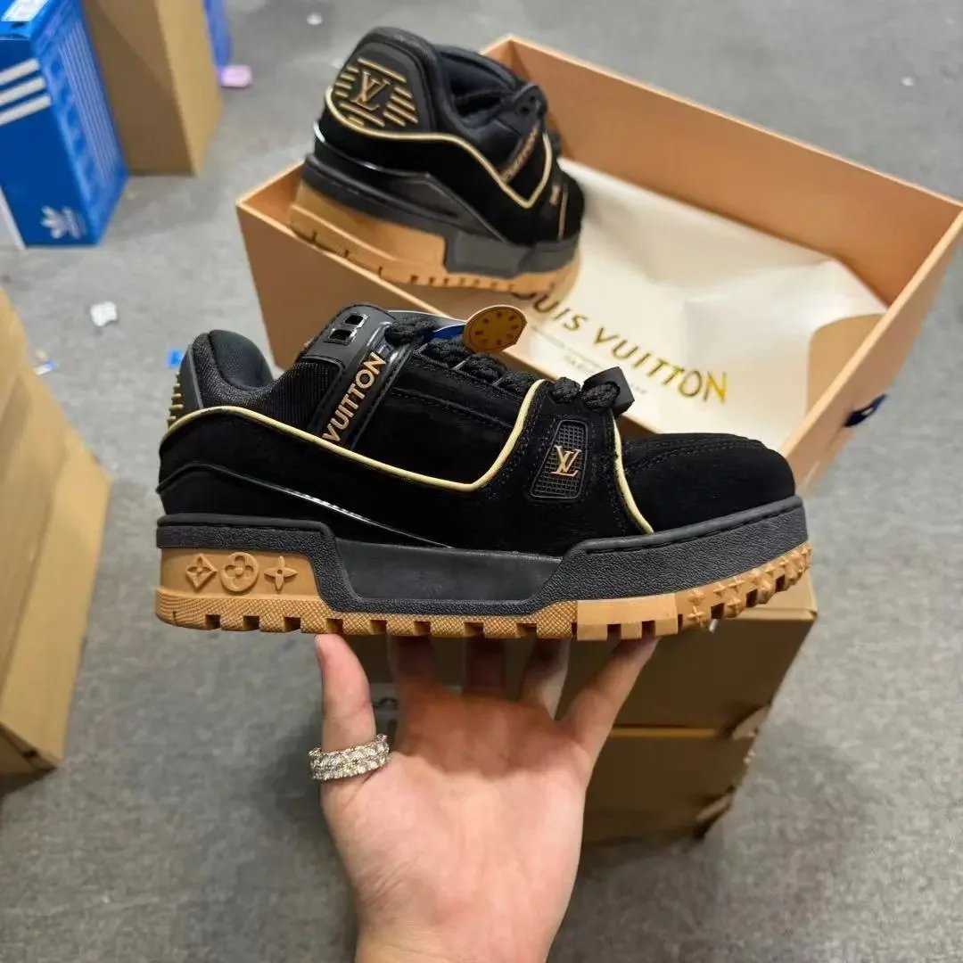Louis Vuitton Black and Gold Sneakers for Men Women Fashion Luxury Shoes