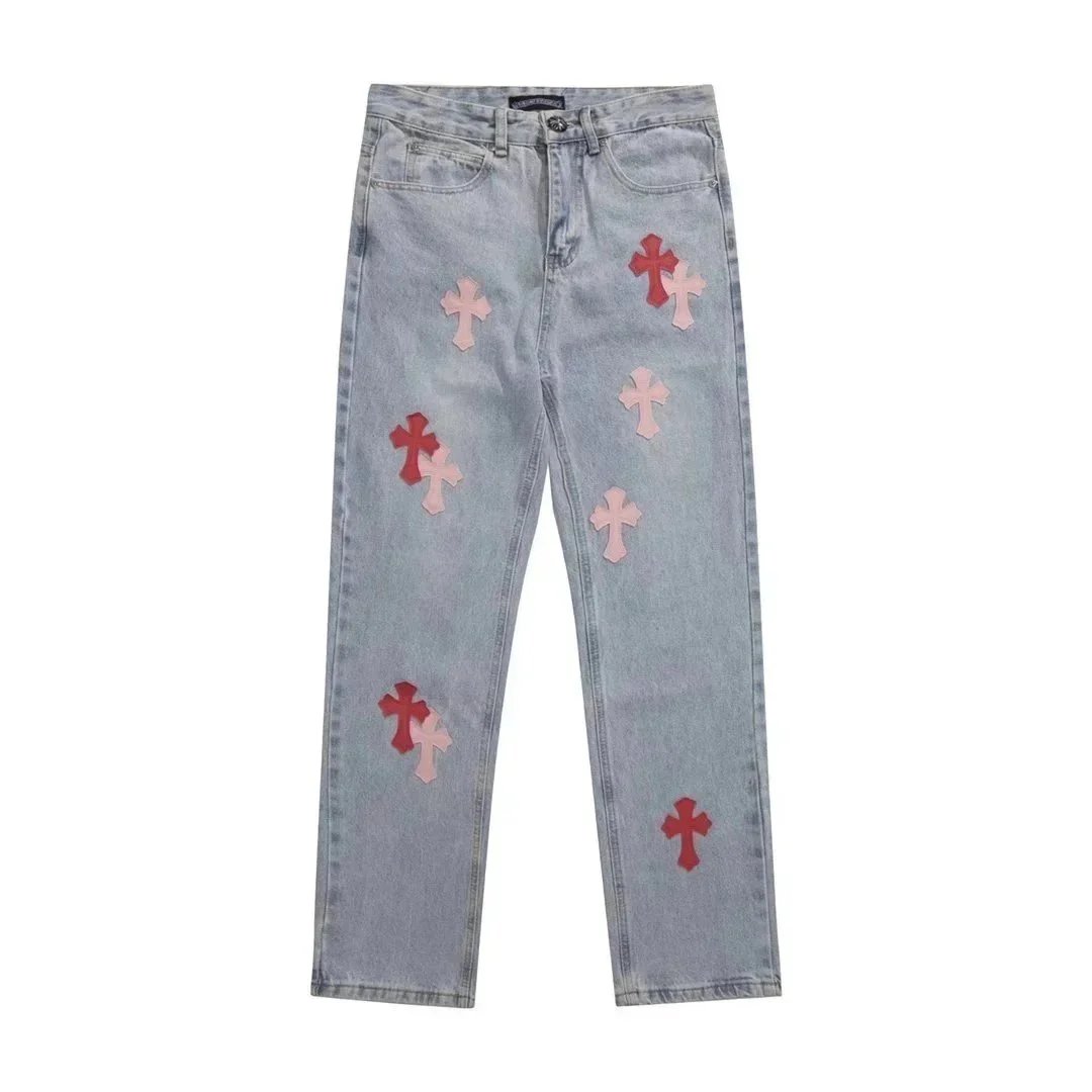 Light Wash Denim Pants with Red and Pink Cross Patches