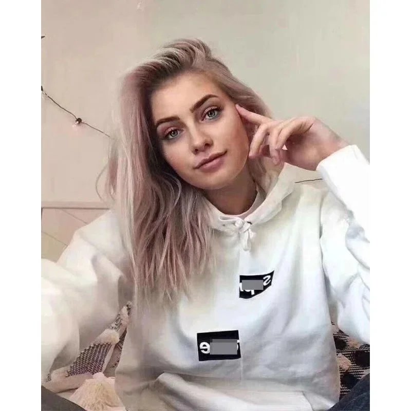 White Hoodie with Black Patch Design for Women