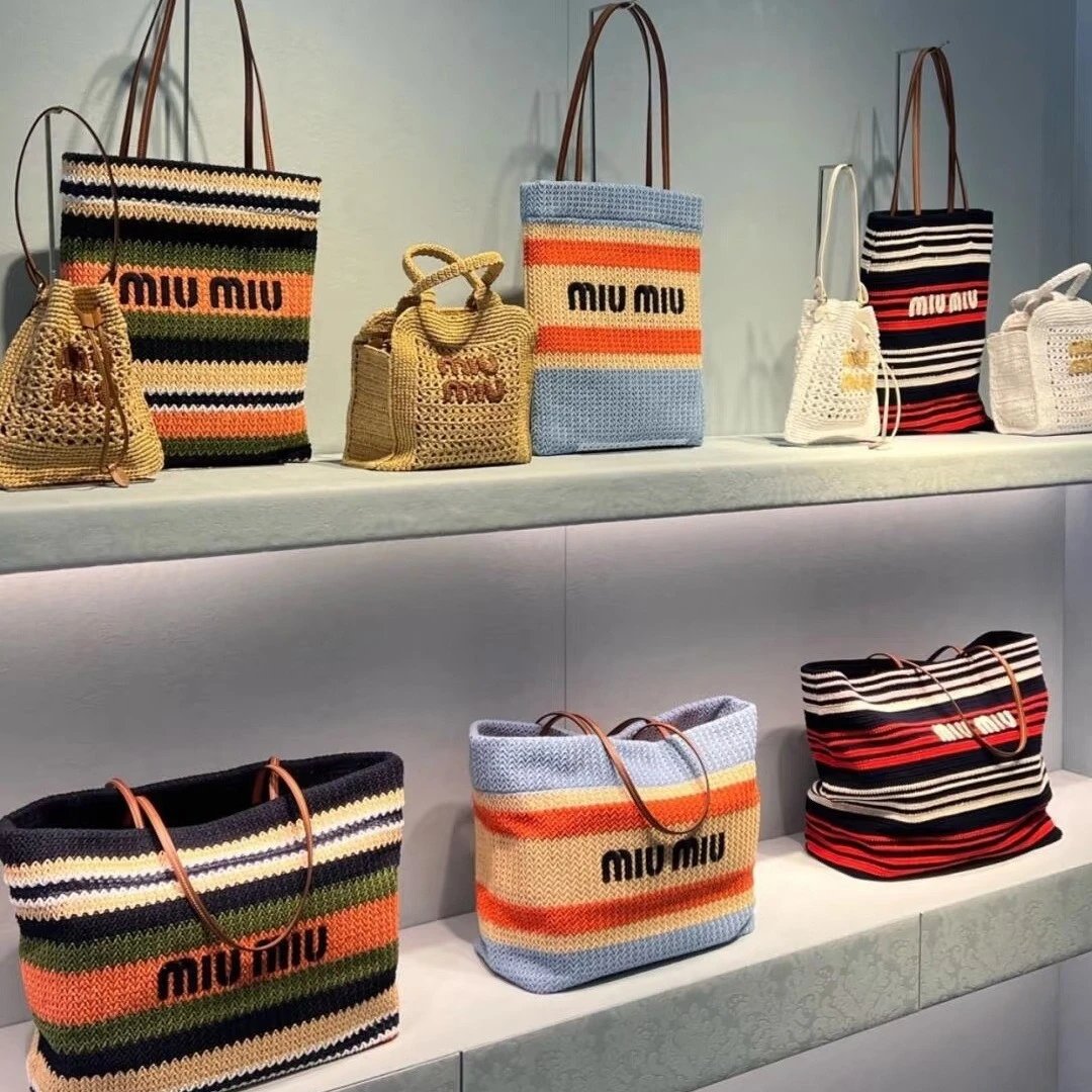 Miu Miu Striped Crochet Tote Bags Women Fashion Handbags