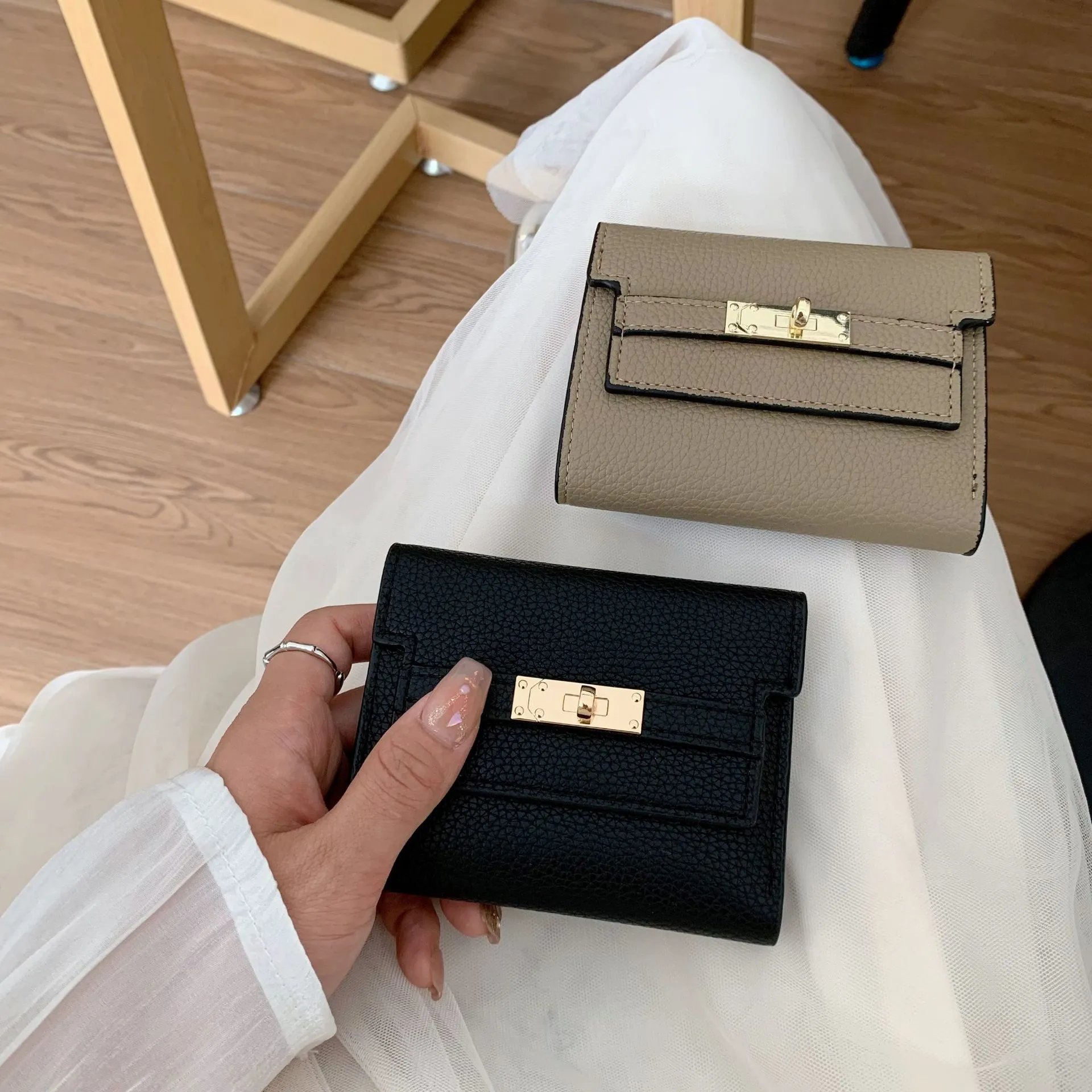 Mini Leather Wallet with Gold Clasp for Women