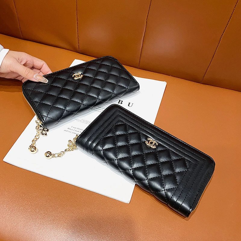 Black Quilted Leather Wallet with Gold Chain Strap