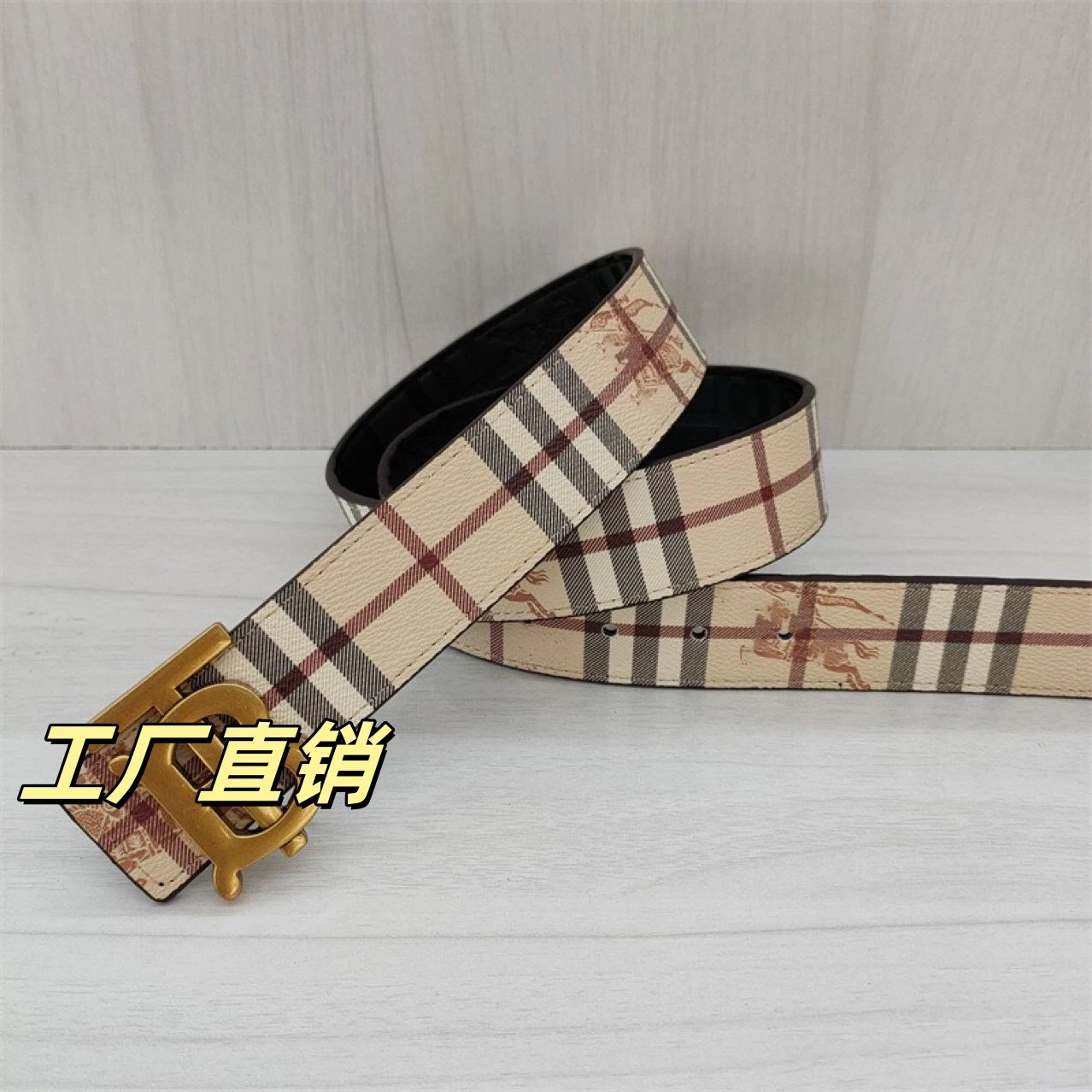 Classic Check Pattern Leather Belt with Gold Buckle