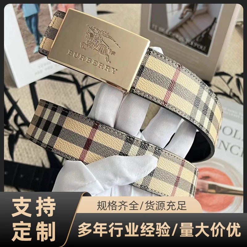 Burberry Check Pattern Leather Belt with Gold Buckle