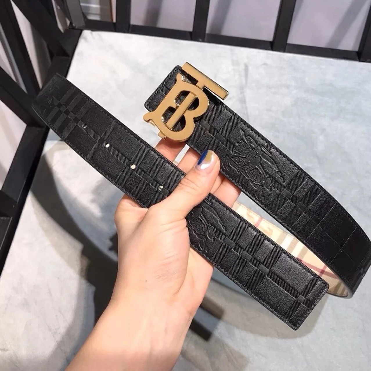 Burberry Black Monogram Belt with Gold BT Buckle