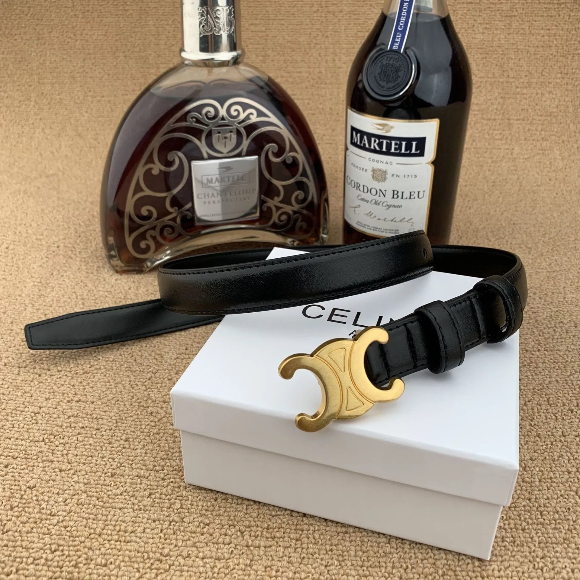 Celine Black Leather Belt with Gold Tone Logo Buckle
