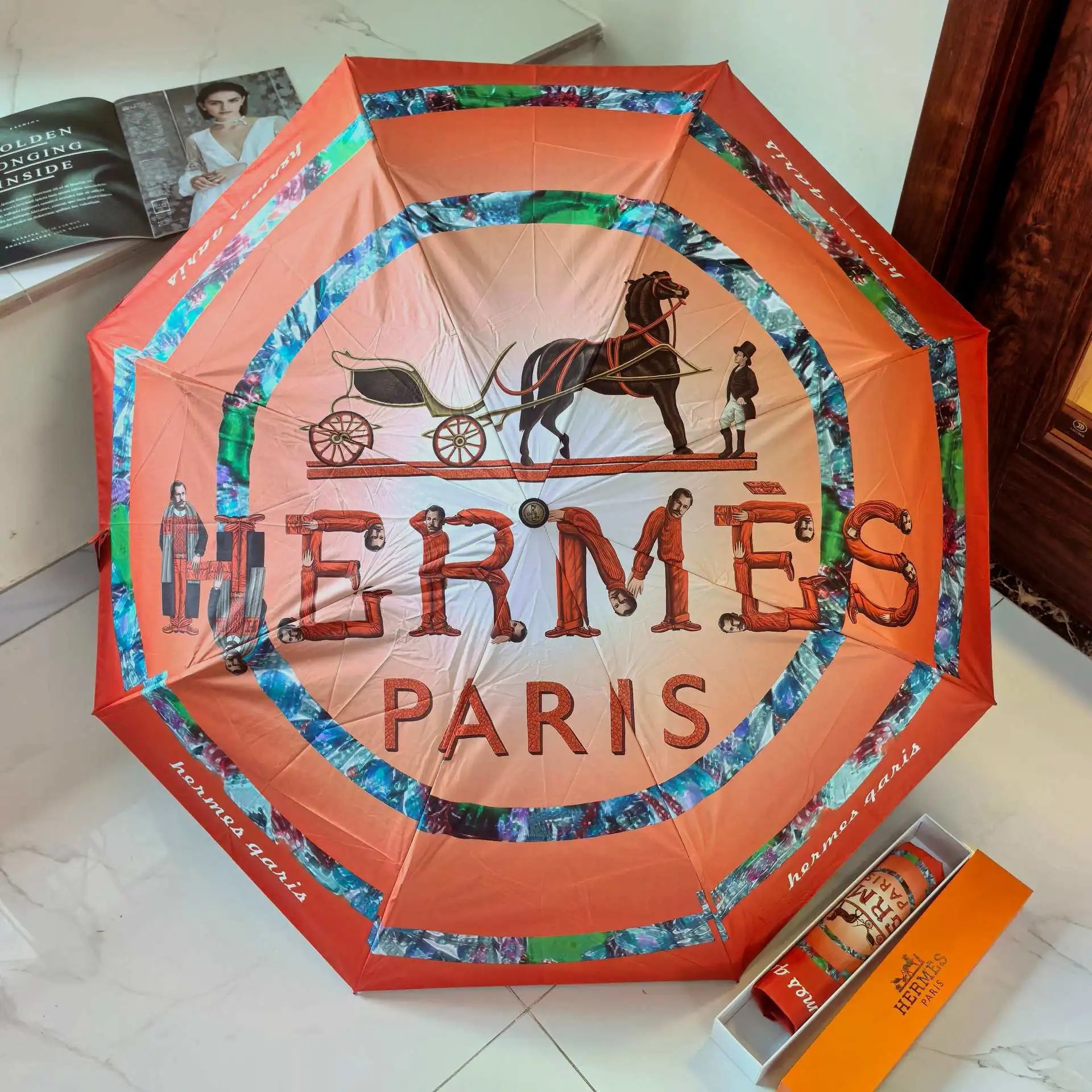 Hermes Paris Limited Edition Umbrella with Horse and Carriage Design