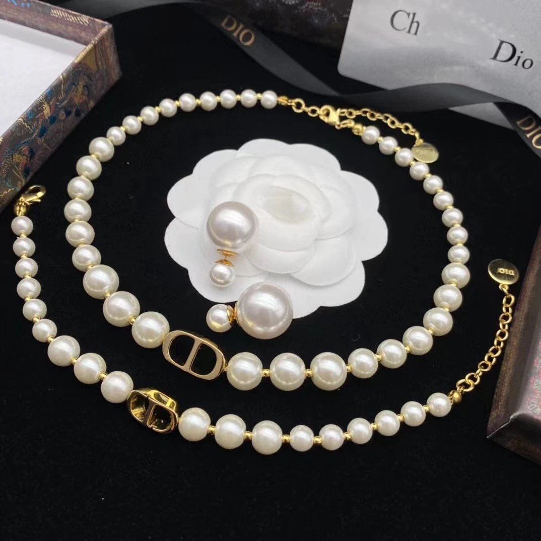 Dior Pearl Necklace and Earrings Set with Gold Clasp