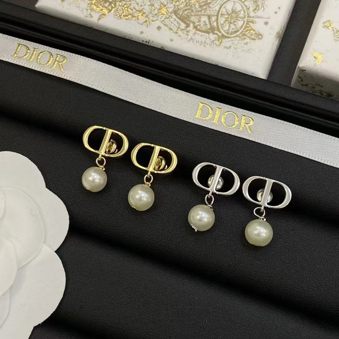 Dior Pearl Drop Earrings Gold and Silver Tone