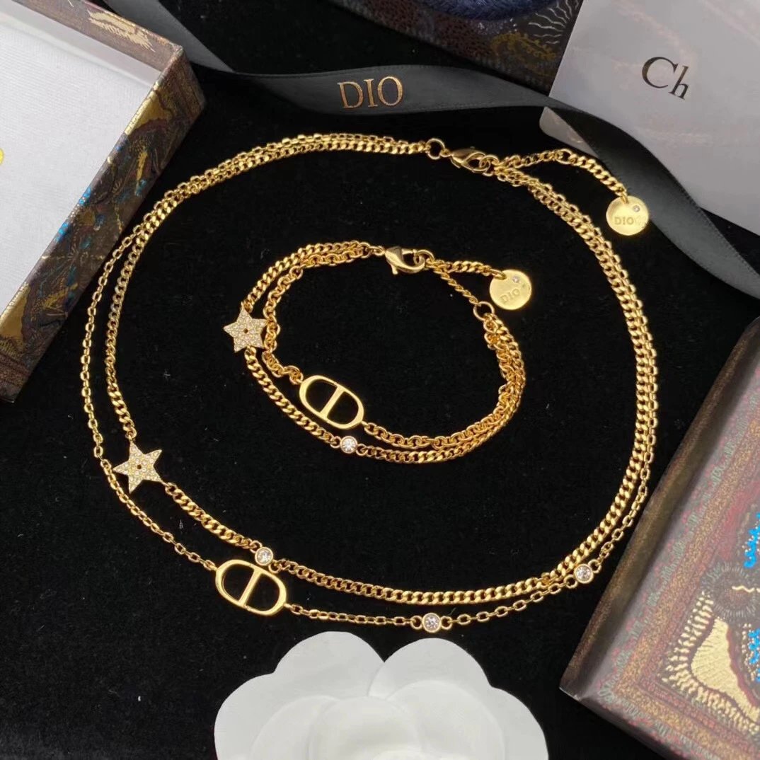 Dior Gold Chain Necklace and Bracelet Set with Star and CD Logo