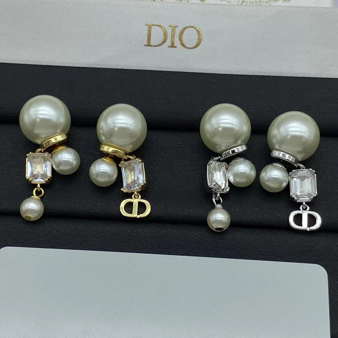 Dior Pearl Crystal Drop Earrings Gold and Silver