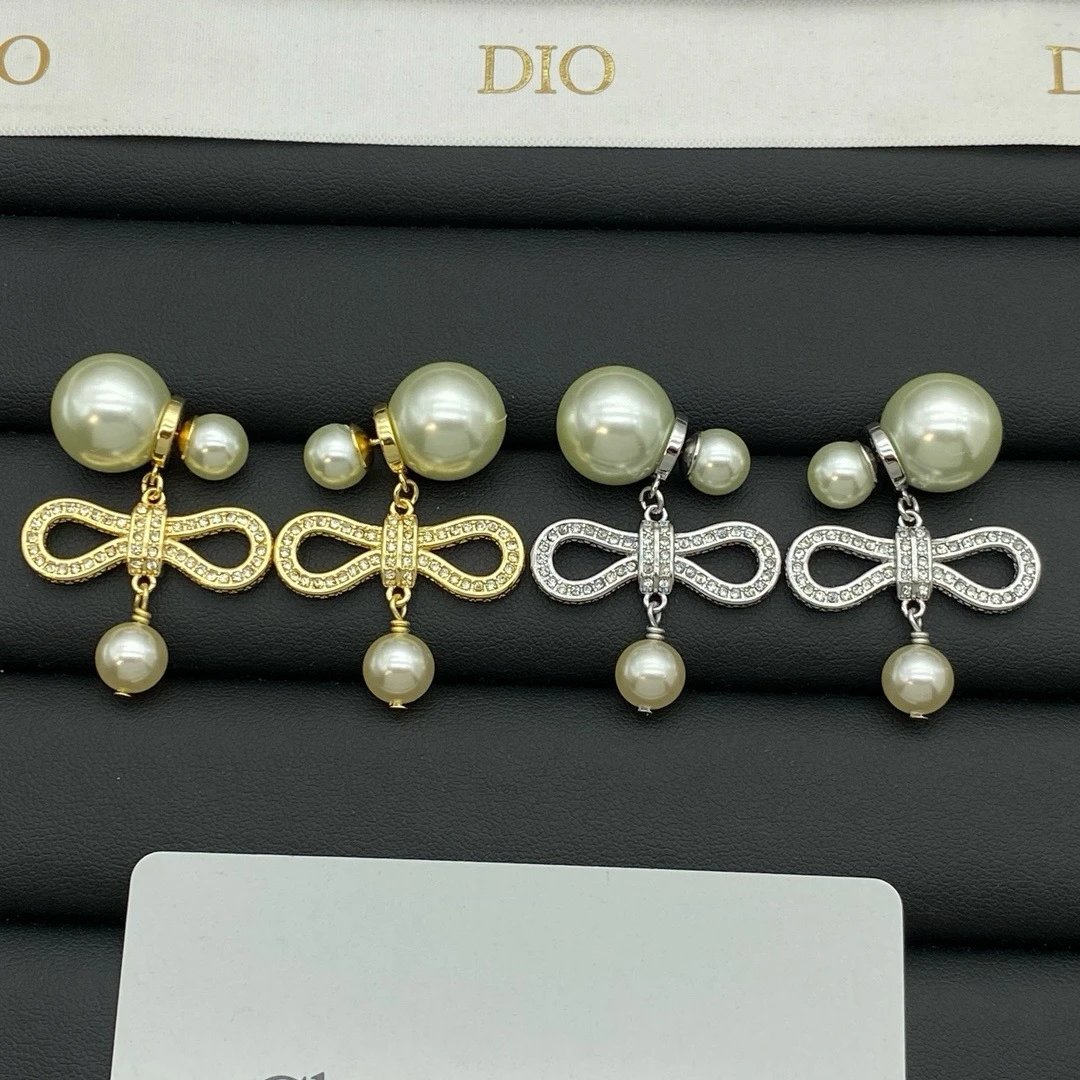 Elegant Pearl Bow Earrings with Rhinestones Gold and Silver