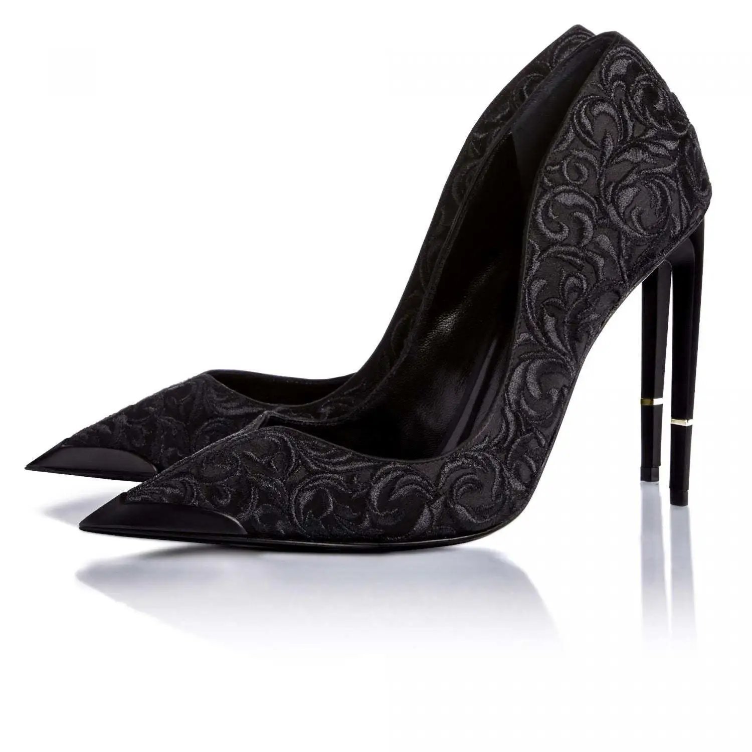 Black Embroidered Pointed Toe Pumps High Heels