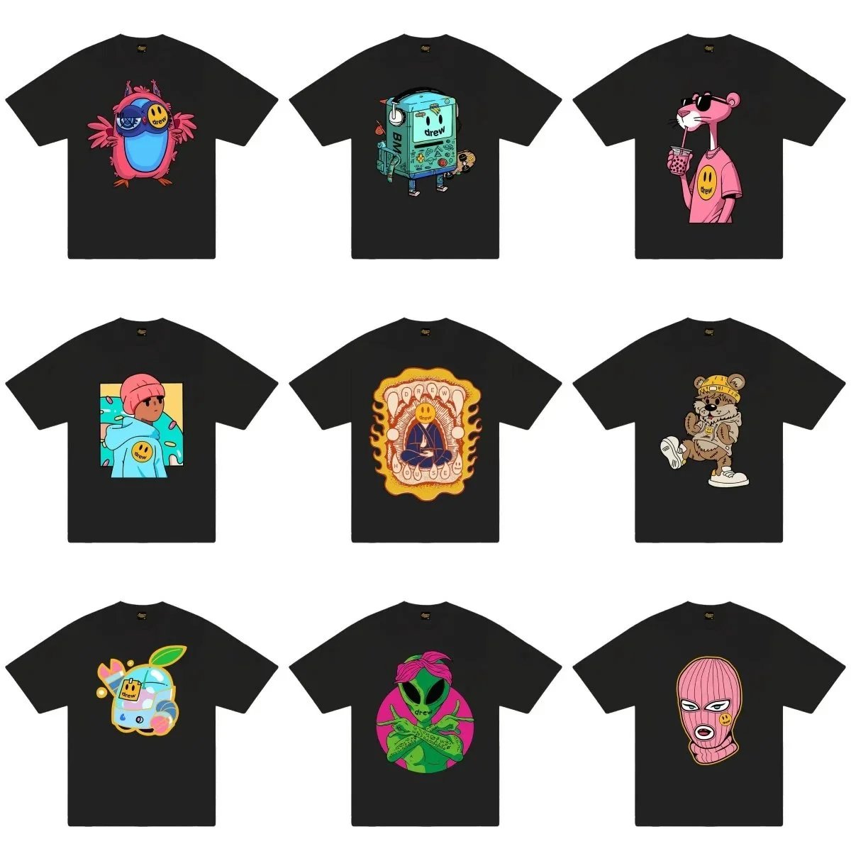 Drew House Black T-Shirts with Cartoon Graphic Designs
