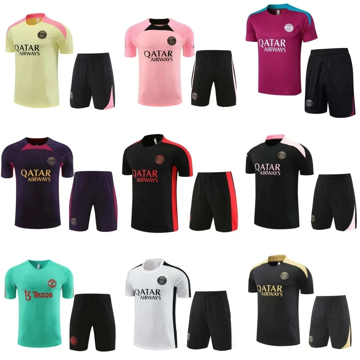 PSG Training Kit Set Men's Football Jersey and Shorts Qatar Airways Logo