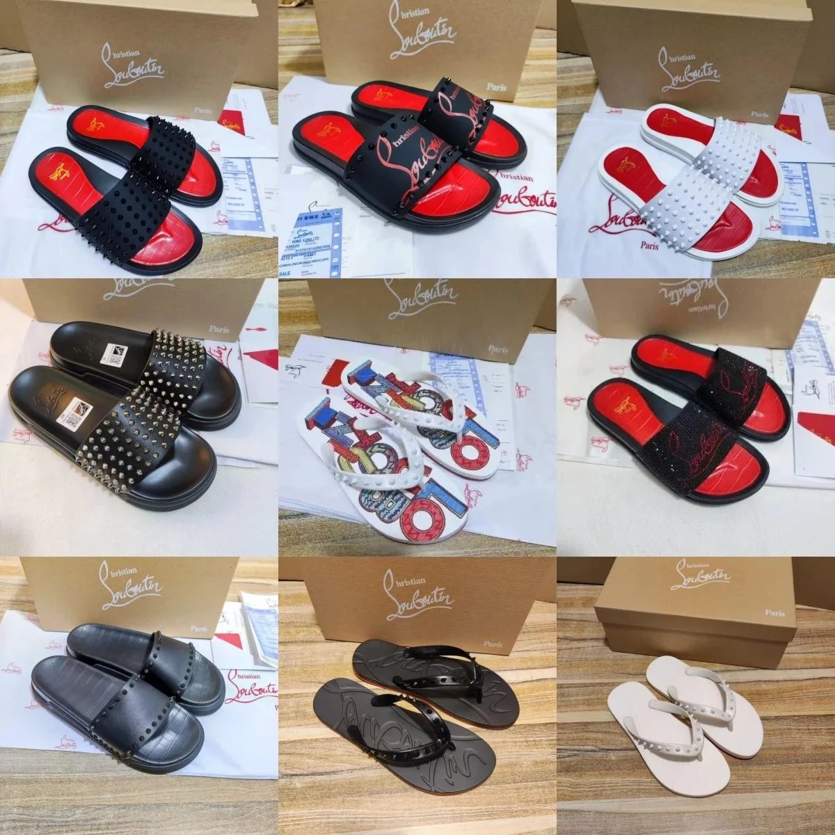 Christian Louboutin Men's Slides Sandals Red Sole Studded Flip Flops