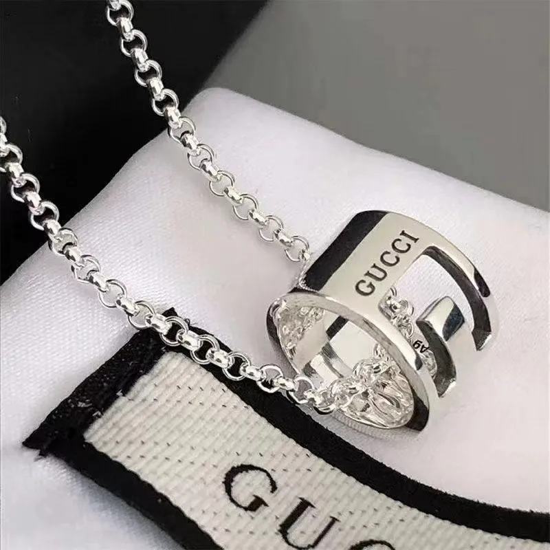 Gucci Silver Chain Necklace with Logo Pendant