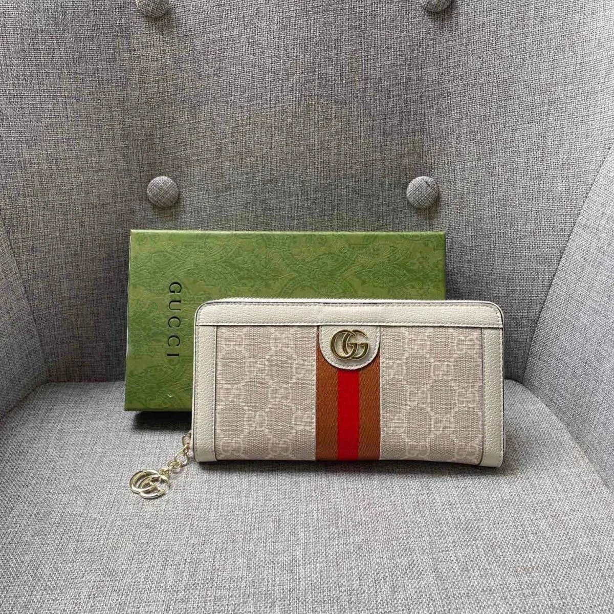 Gucci GG Supreme Web Long Wallet with Gold Hardware