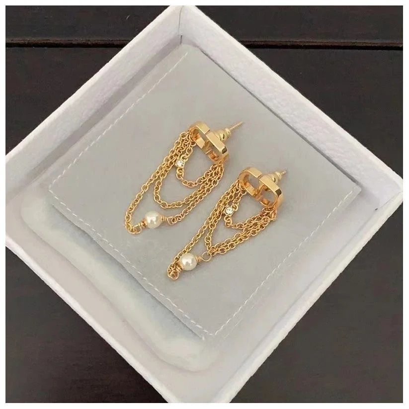 Gold Chain Pearl Drop Earrings Fashion Jewelry