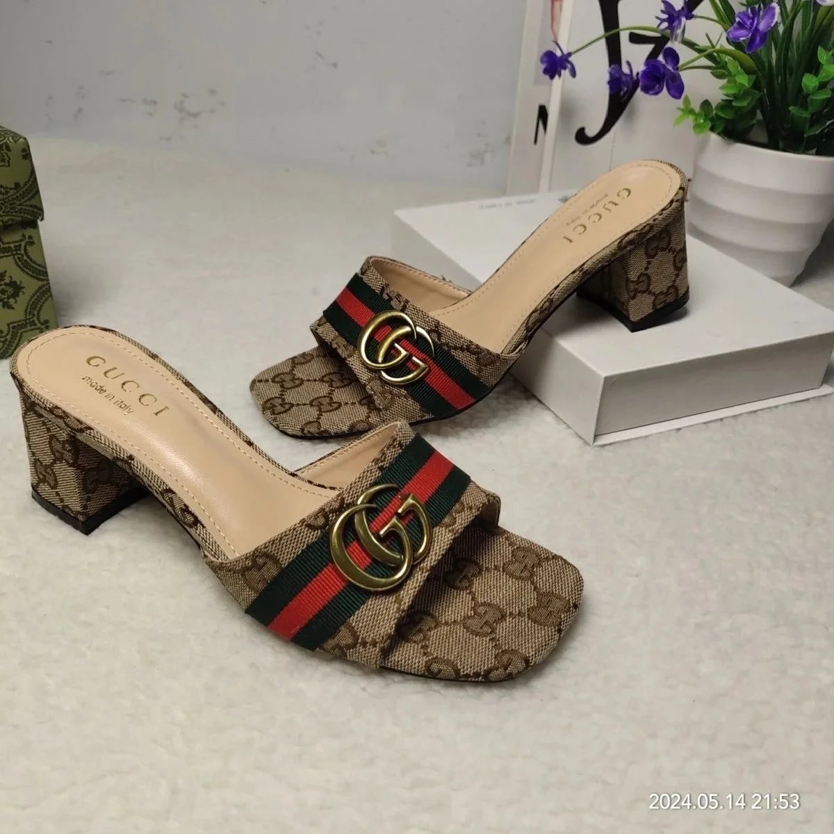 Gucci GG Logo Web Strap Mules Heeled Sandals