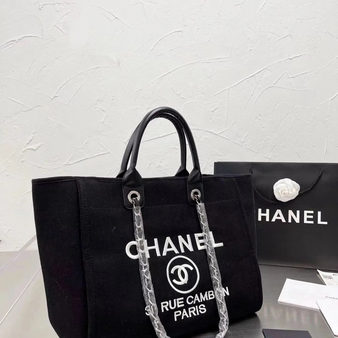 CHANEL Black Canvas Tote Bag with Logo and Chain Strap