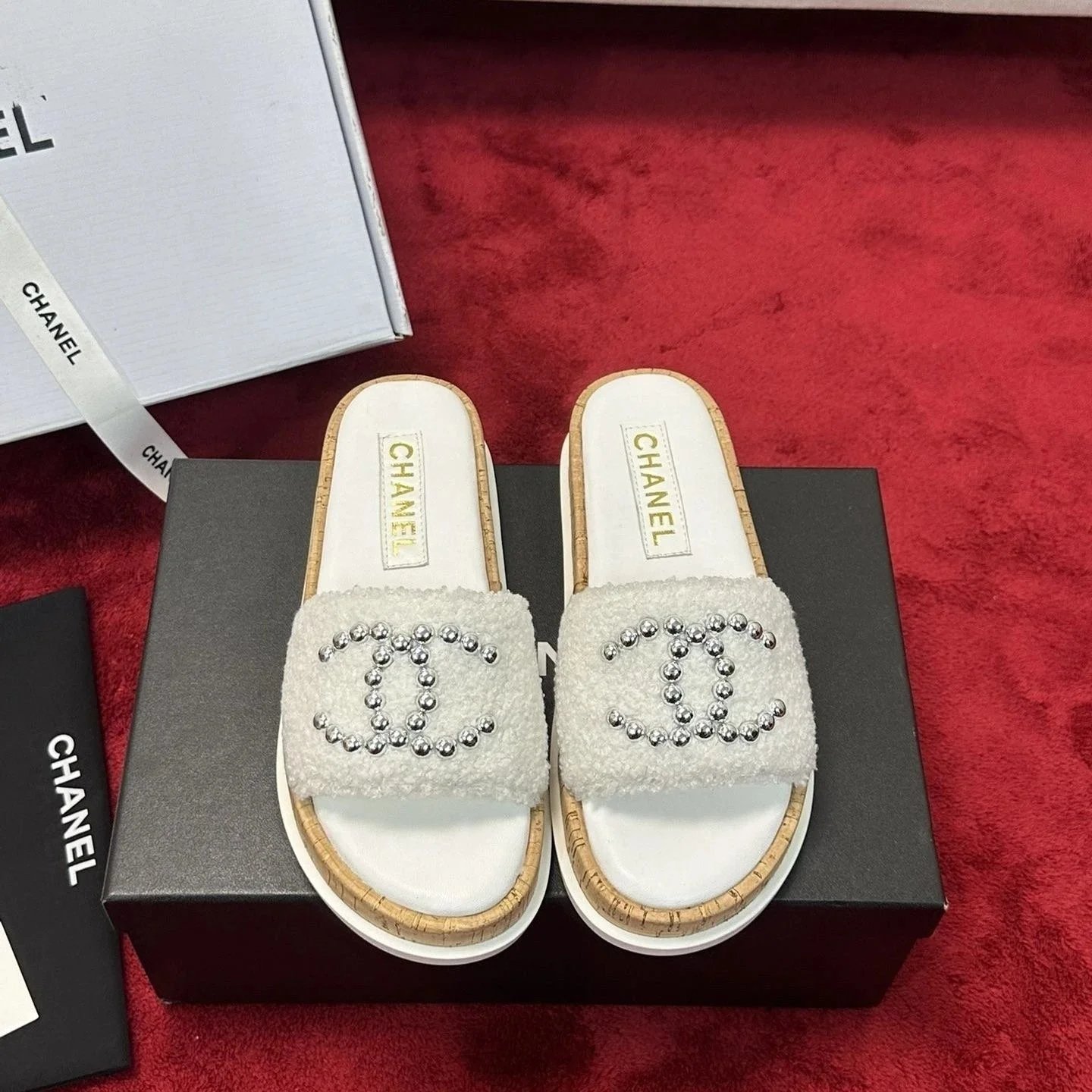 Chanel White Fuzzy Pearl Logo Slide Sandals