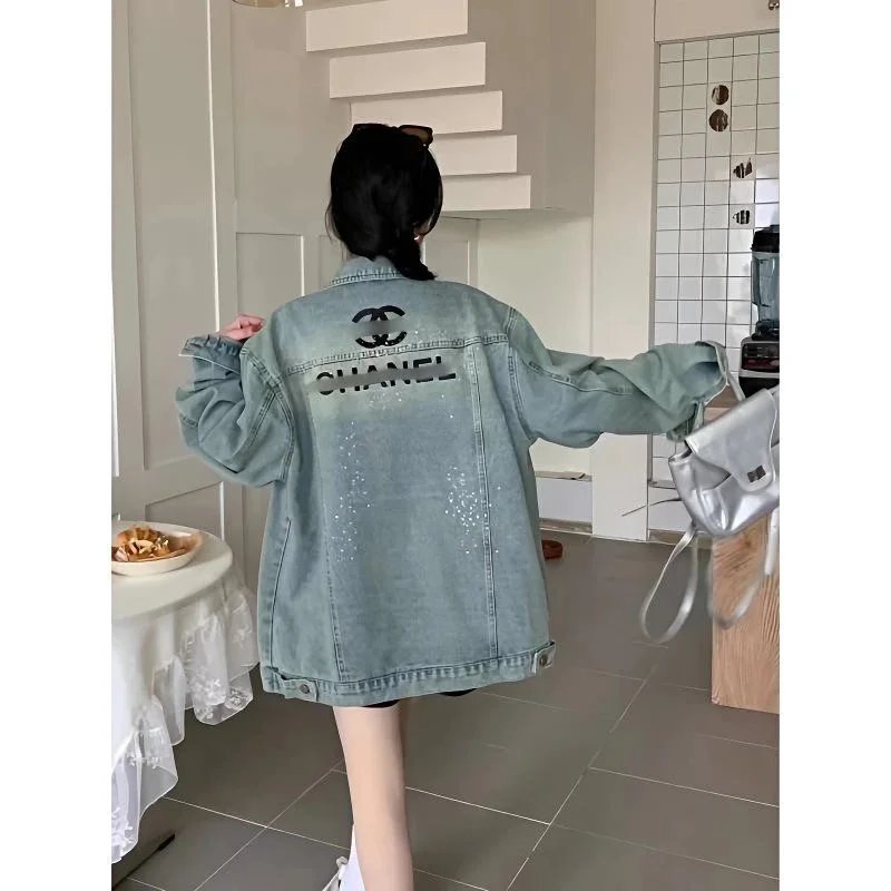 CHANEL Denim Jacket Women Oversized Light Blue Jean Coat Fashion Brand Logo