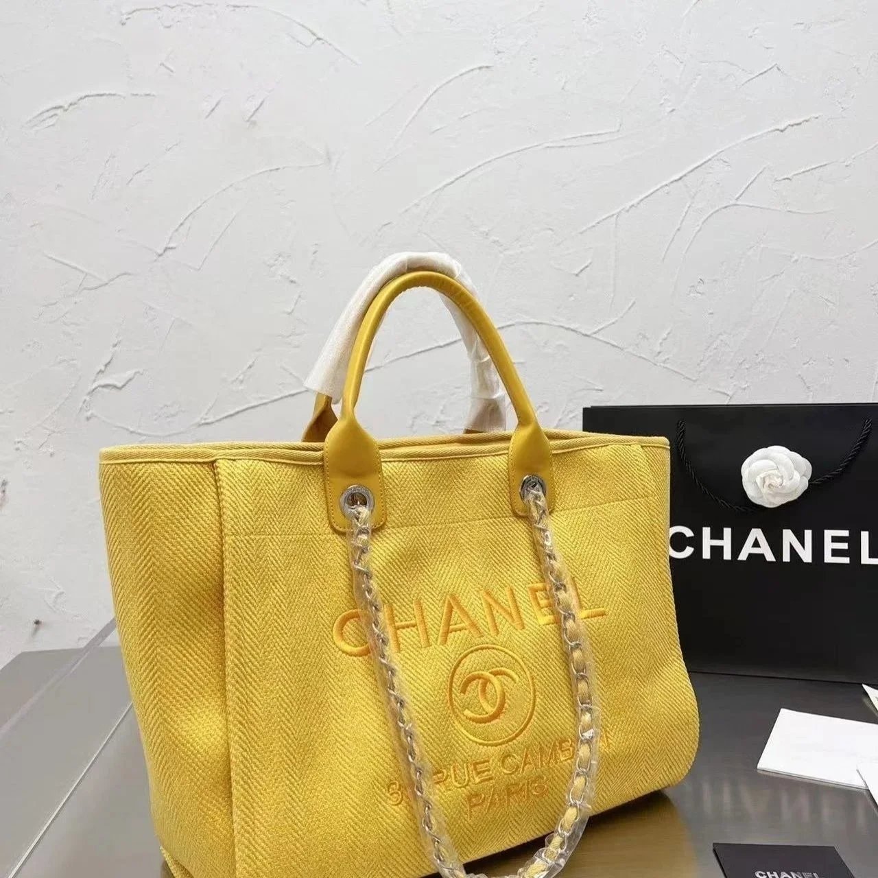 Chanel Yellow Tote Bag with Chain Strap