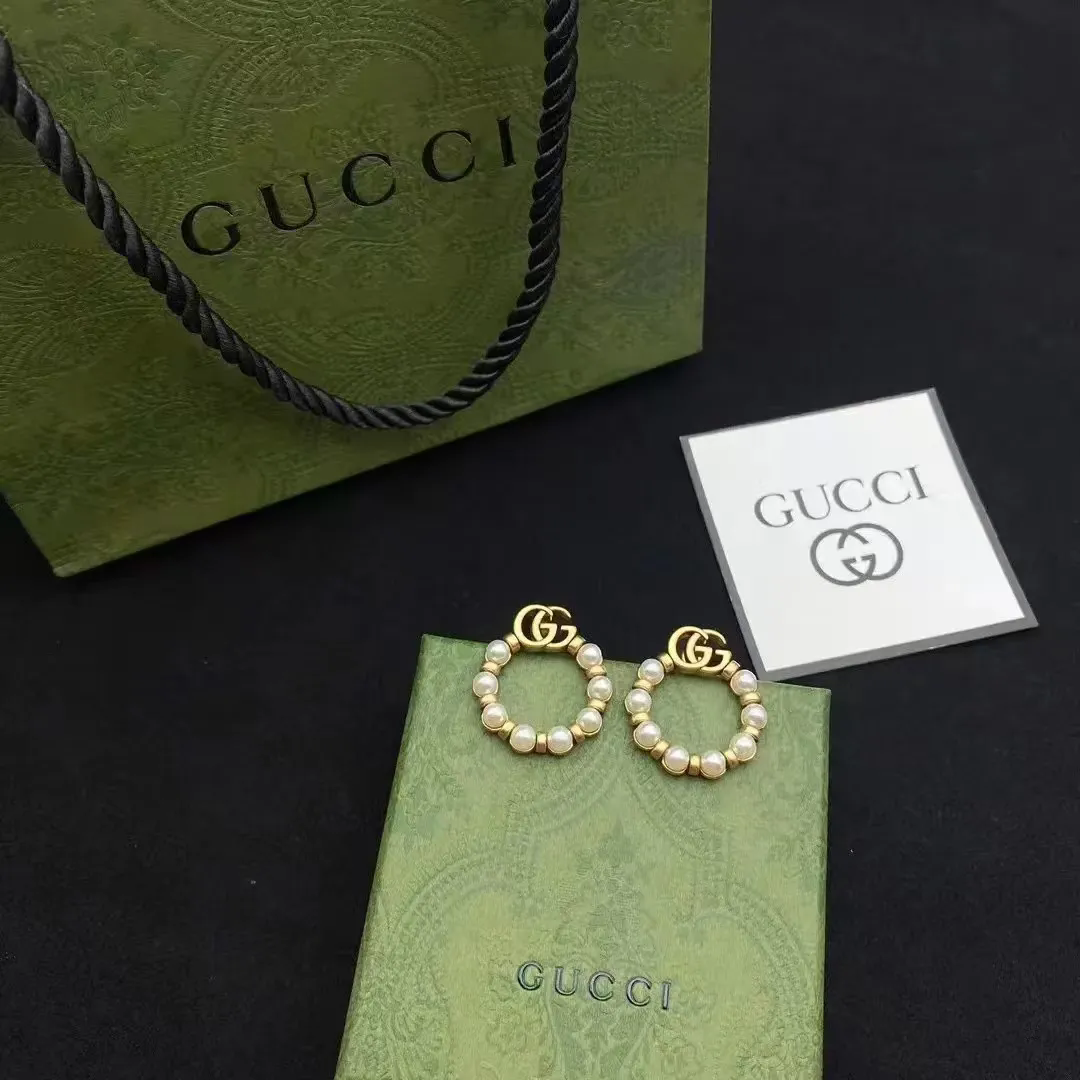 Gucci Pearl Hoop Earrings Gold Tone