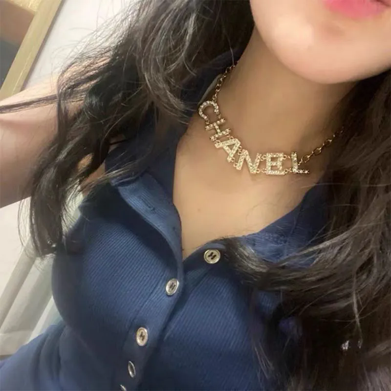 Chanel Logo Crystal Necklace Gold Chain Pendant Jewelry