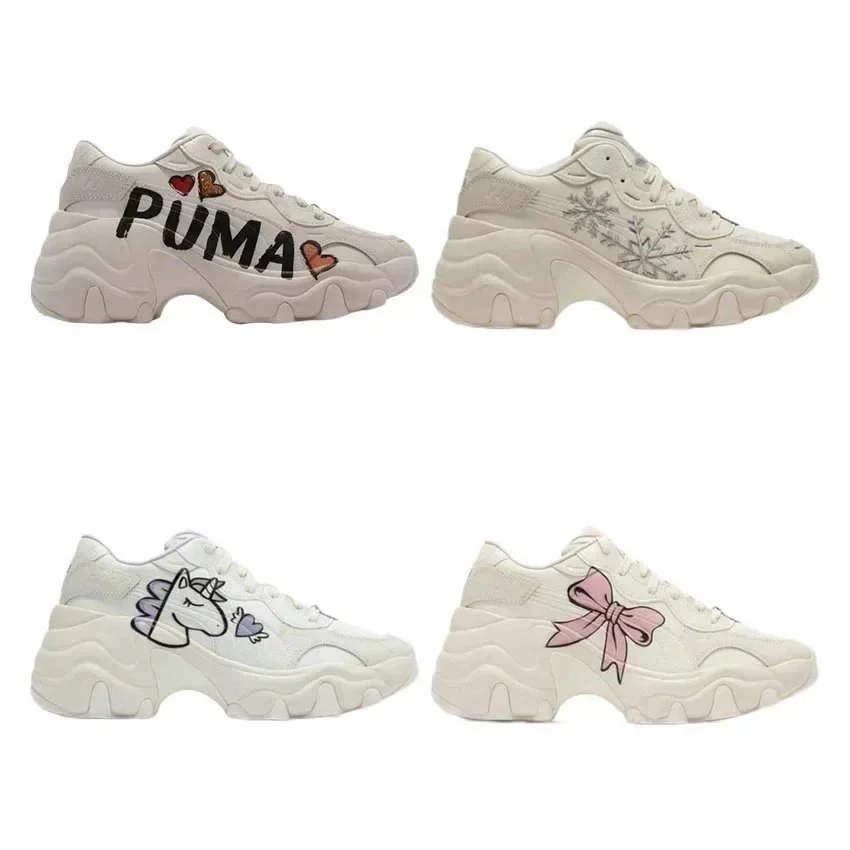 PUMA White Chunky Sneakers with Hearts Snowflake Unicorn and Bow Design