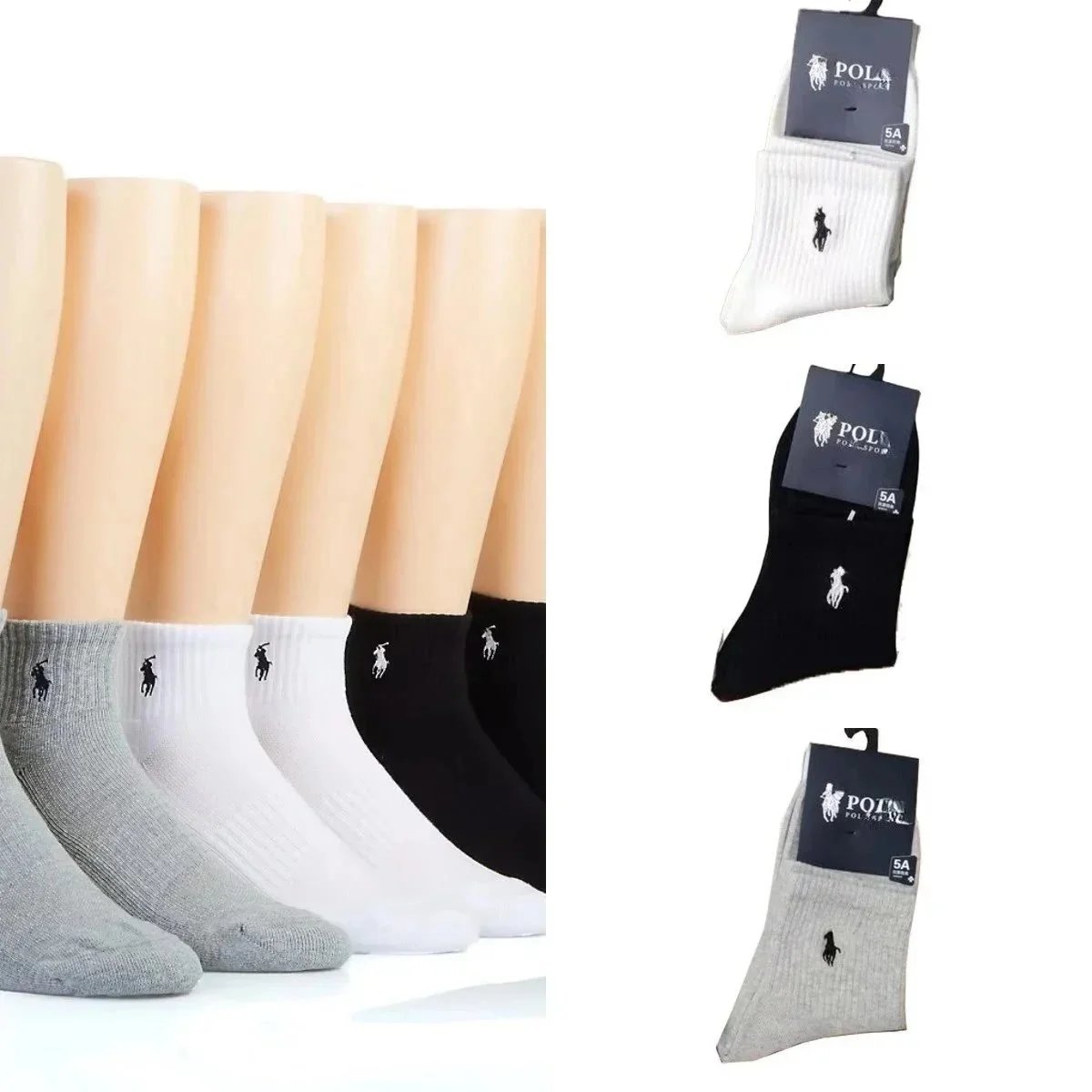 POLO Cotton Crew Socks for Men - White Black Gray