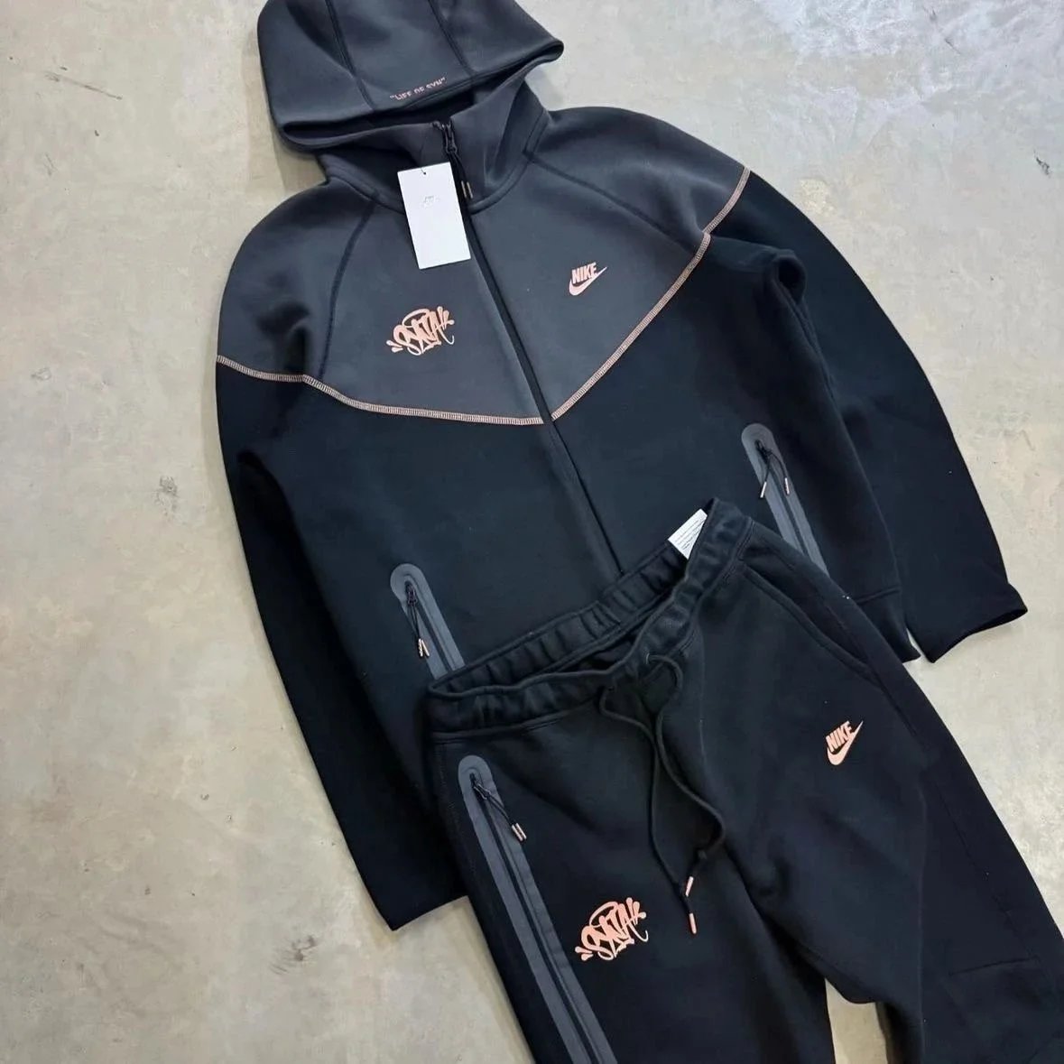 Nike Black Hoodie and Pants Set with Pink Logo Design