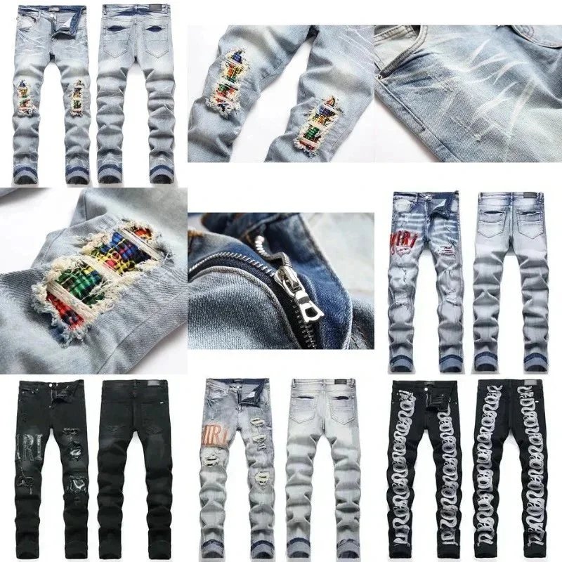 Men's Fashion Ripped Denim Jeans with Zipper and Patch Design