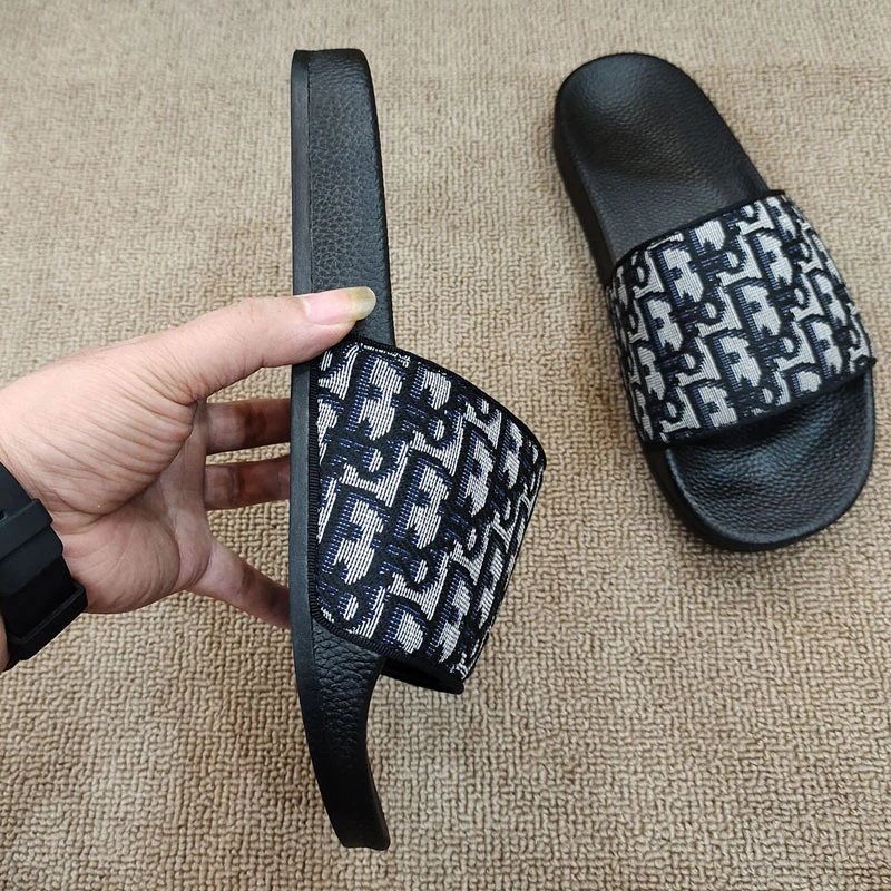 Dior Oblique Print Slide Sandals Black White