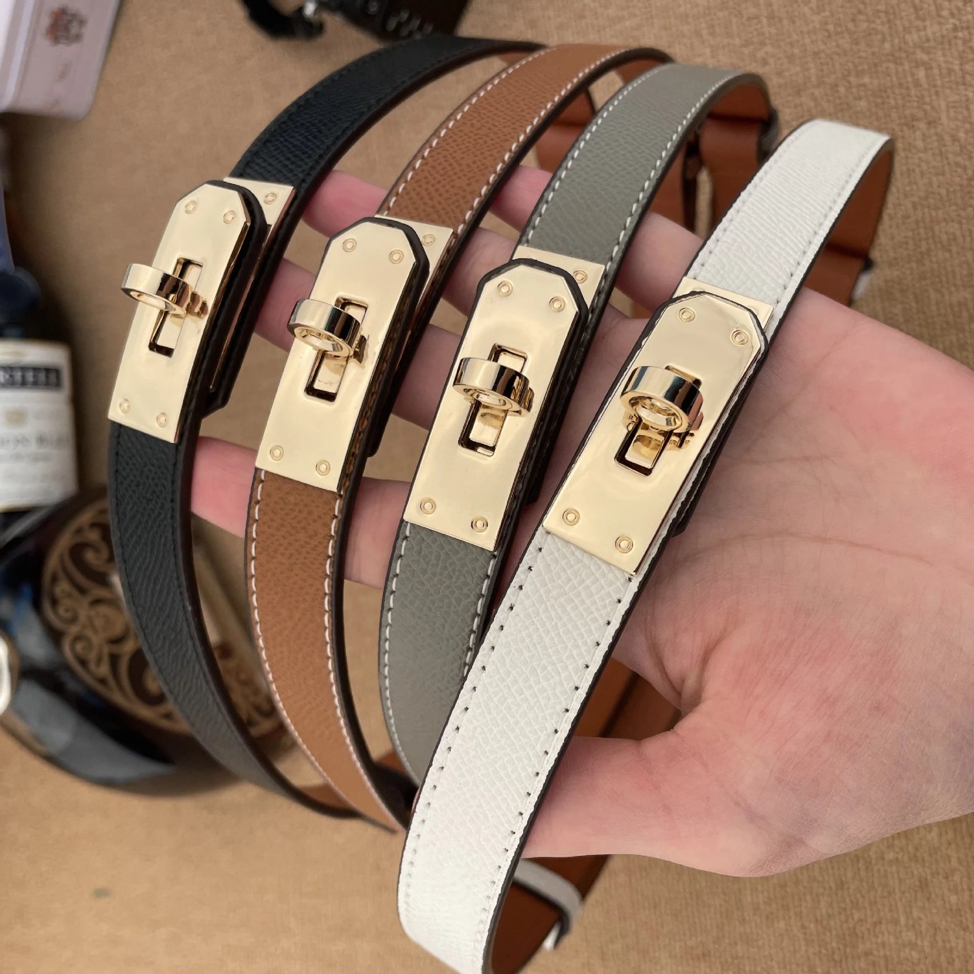 Hermès Style Leather Belt with Gold Buckle