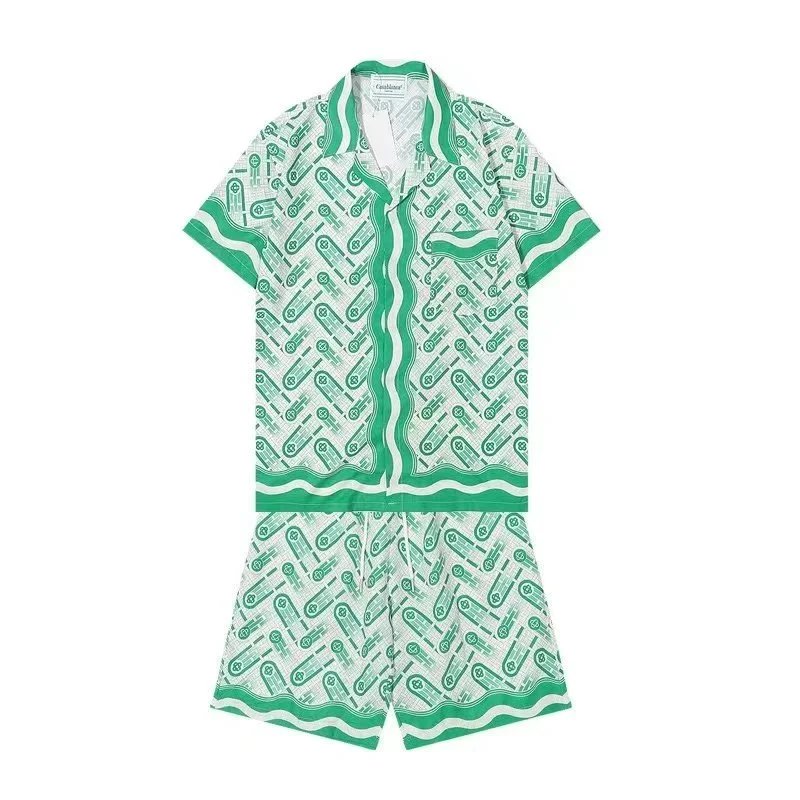 Green Patterned Short Sleeve Shirt and Shorts Set