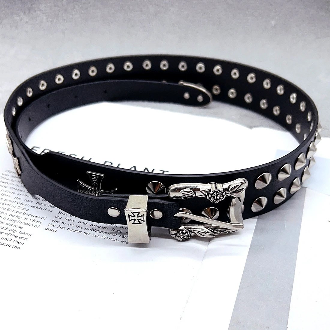 Studded Leather Belt with Rose Buckle and Silver Studs