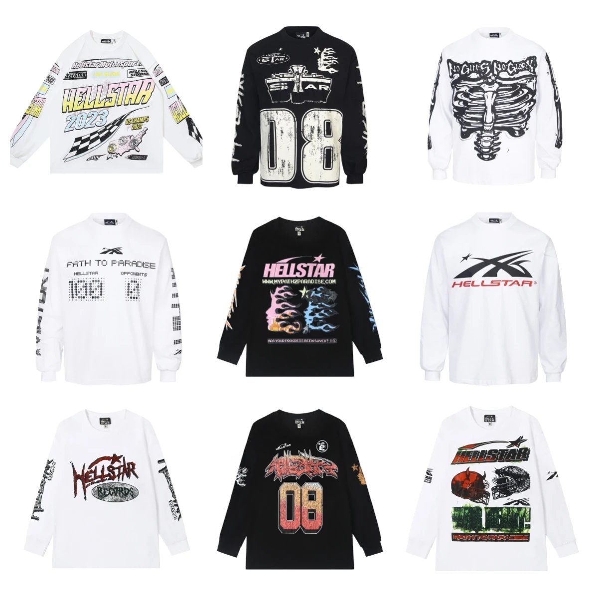 Hellstar Graphic Long Sleeve T-Shirt Streetwear Cotton Black and White