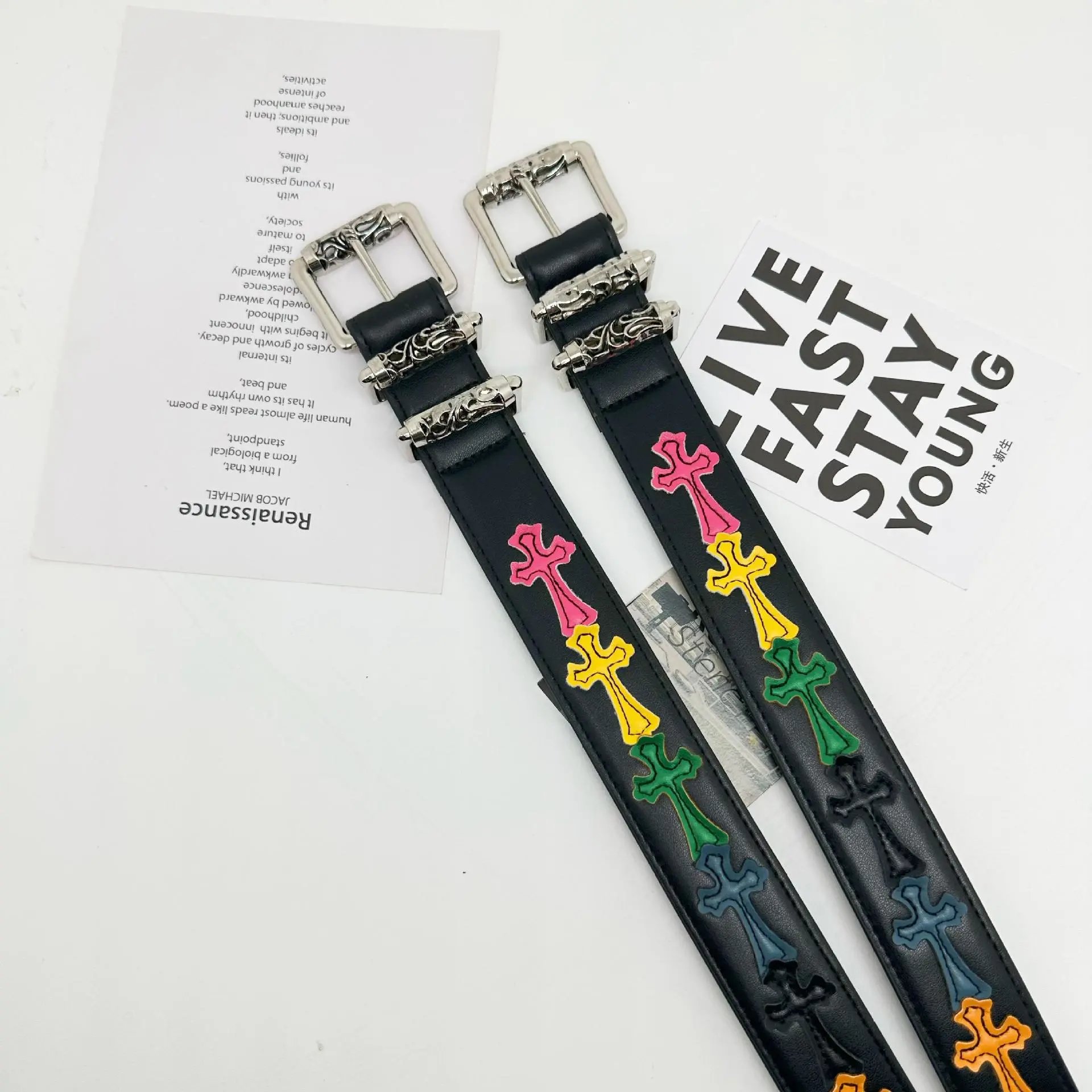 Chrome Hearts Cross Patch Leather Belt Multicolor Accessories