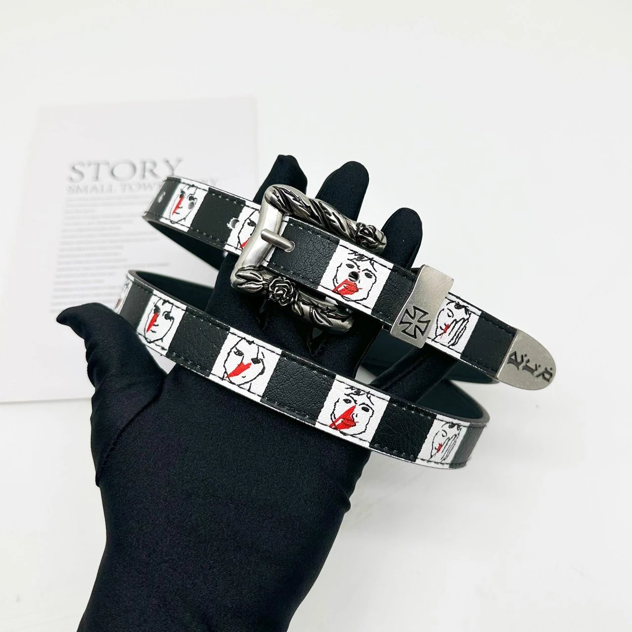 Design Graphic Print Leather Belt Black