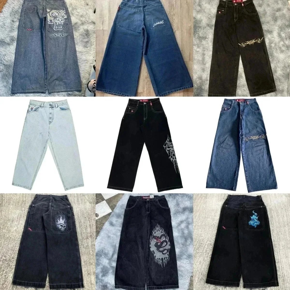 Design Graphic Wide Leg Jeans Streetwear Denim Pants Multicolor