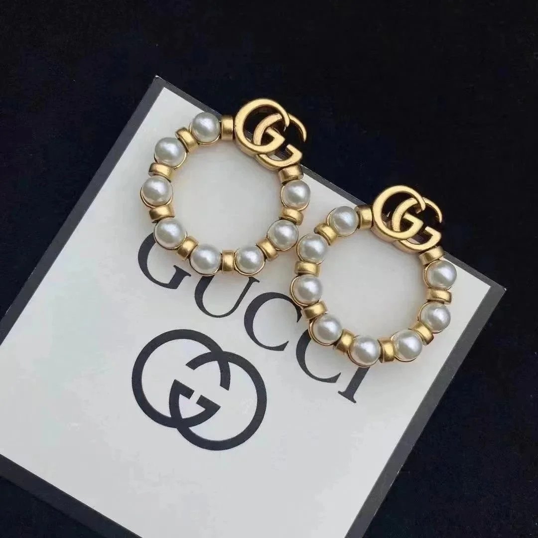 Gucci Double G Pearl Hoop Earrings Gold and White